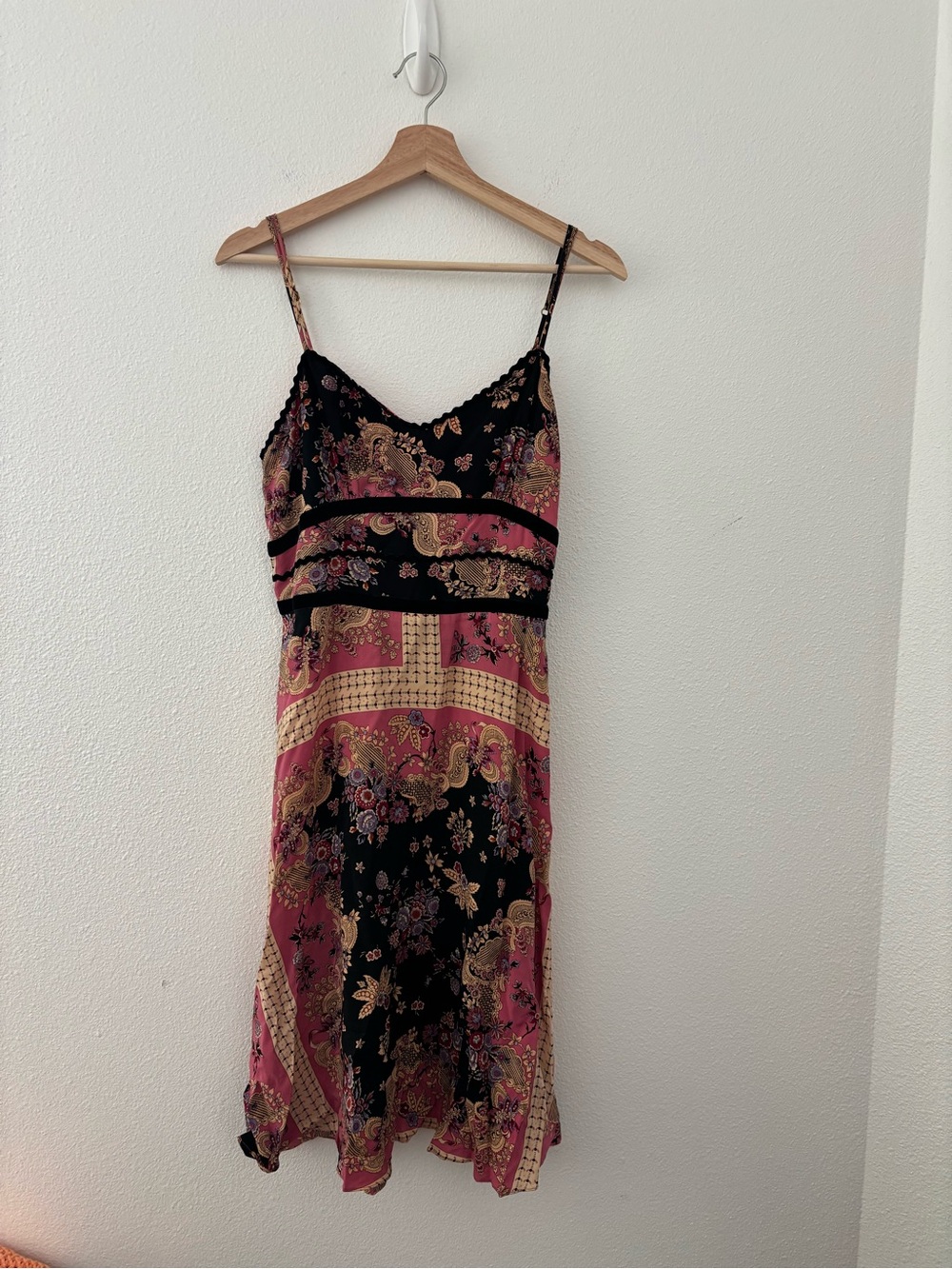 Vintage Betsey Johnson silk slip dress pink and black patchwork paisley